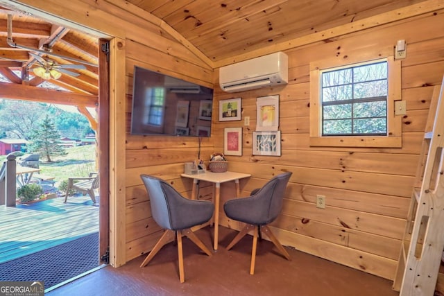 664 River Vista Dr, Dillard, GA 30537 - dining area with an AC wall unit, vaulted ceiling, wood ceiling, and wooden walls