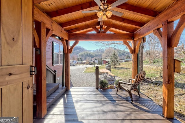 664 River Vista Dr, Dillard, GA 30537 - wooden deck with ceiling fan, a mountain view, and a gazebo