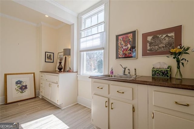 interior space with ornamental molding, light wood-type flooring, and a sink