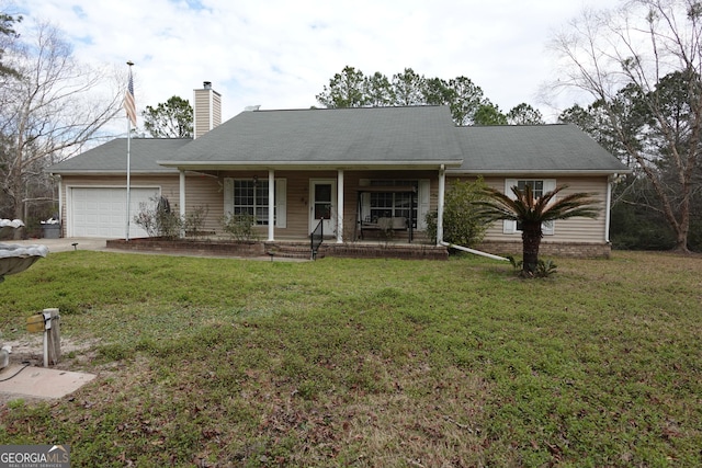 single story home with an attached garage, covered porch, driveway, a chimney, and a front yard