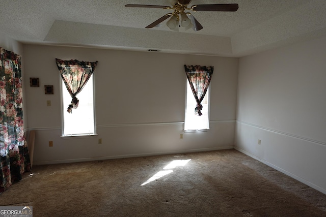 spare room featuring a textured ceiling, carpet floors, and a tray ceiling