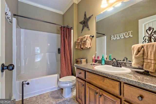 full bathroom with vanity, toilet, ornamental molding, and shower / tub combo with curtain