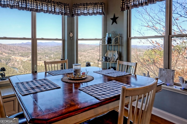 dining space featuring a mountain view and baseboards