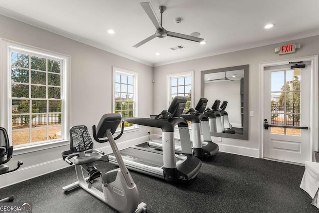 workout area with recessed lighting, visible vents, baseboards, and ceiling fan