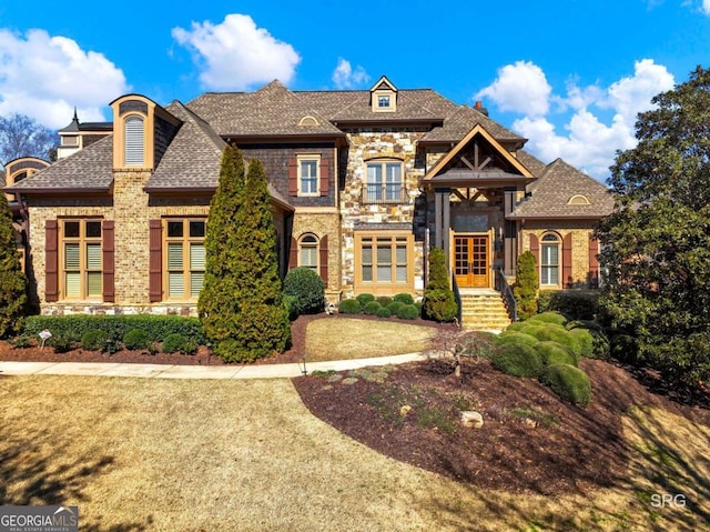 french country inspired facade with stone siding, a shingled roof, and french doors