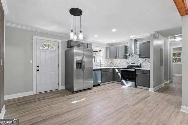 kitchen featuring stainless steel appliances, tasteful backsplash, gray cabinetry, a sink, and wall chimney exhaust hood