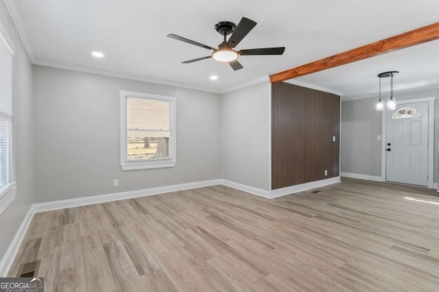 unfurnished room featuring baseboards, a ceiling fan, crown molding, light wood-style floors, and recessed lighting