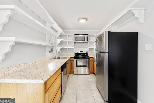 kitchen with brown cabinets, light tile patterned floors, open shelves, appliances with stainless steel finishes, and a sink