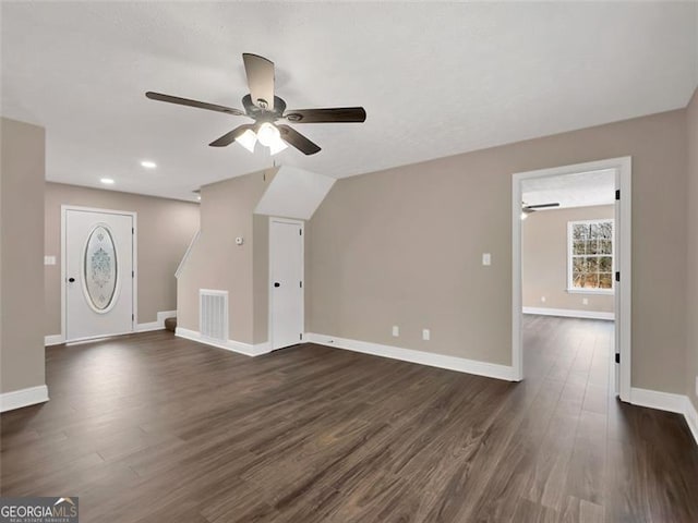 bonus room with visible vents, baseboards, dark wood finished floors, ceiling fan, and recessed lighting