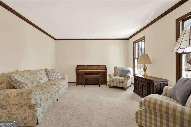 living area featuring light colored carpet and crown molding