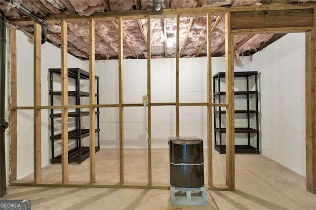 unfinished basement featuring concrete block wall