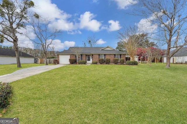 ranch-style home featuring brick siding, a front yard, fence, a garage, and driveway