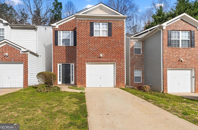 view of front of property with a garage, a front yard, concrete driveway, and brick siding