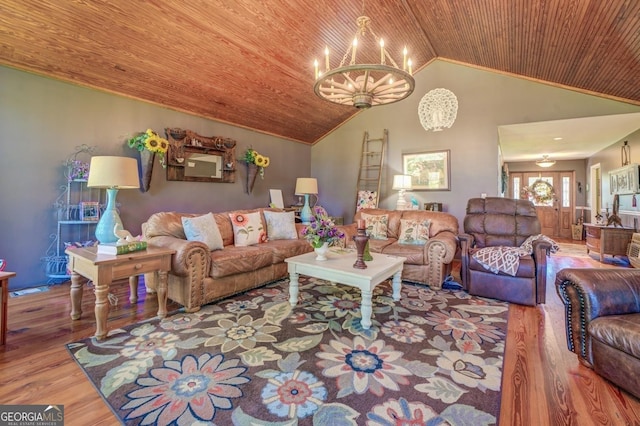 living area featuring a chandelier, wood ceiling, high vaulted ceiling, and wood finished floors