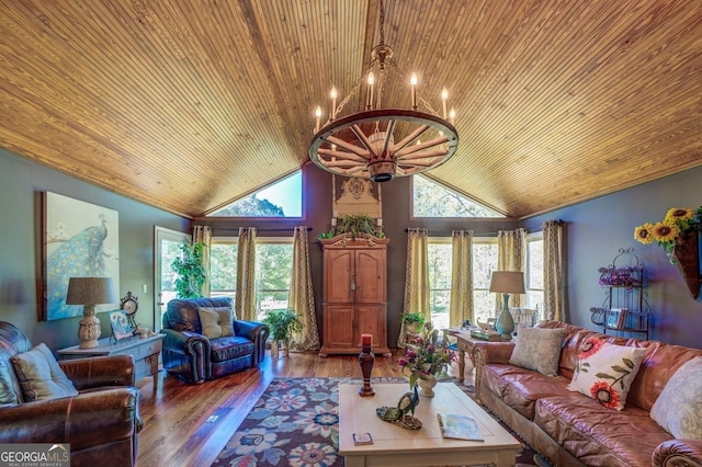 living room featuring high vaulted ceiling, wooden ceiling, wood finished floors, and an inviting chandelier