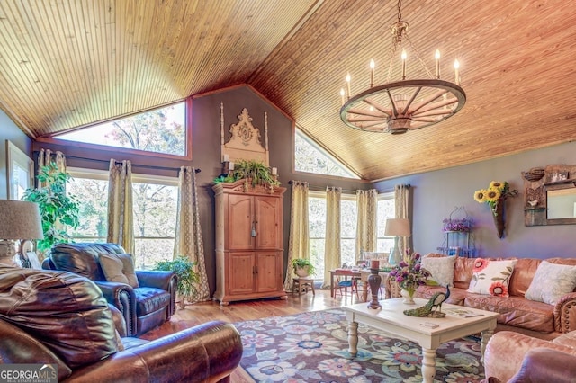 living area featuring light wood-style floors, wooden ceiling, a notable chandelier, and high vaulted ceiling