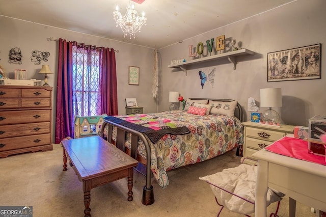 bedroom featuring light carpet and an inviting chandelier