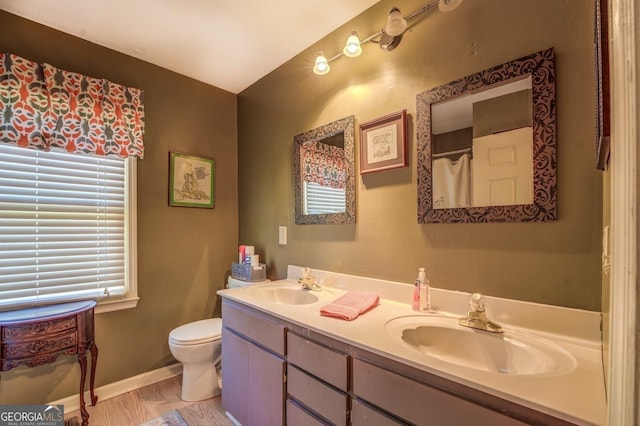 bathroom featuring baseboards, a sink, toilet, and double vanity