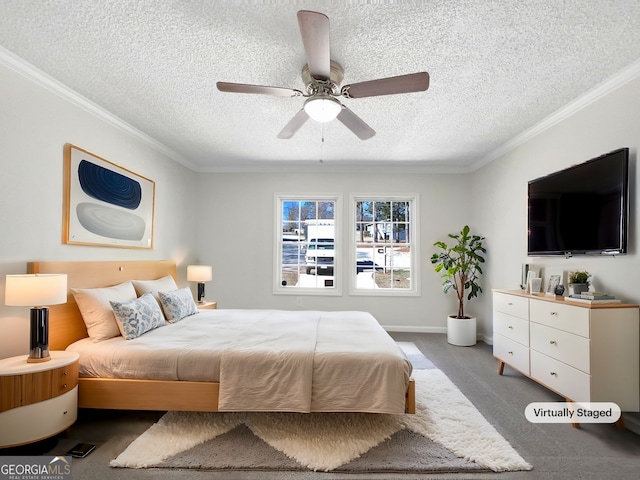 bedroom featuring crown molding, a textured ceiling, ceiling fan, and carpet flooring