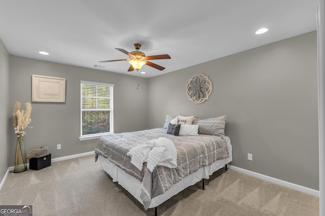 carpeted bedroom with baseboards, visible vents, ceiling fan, and recessed lighting