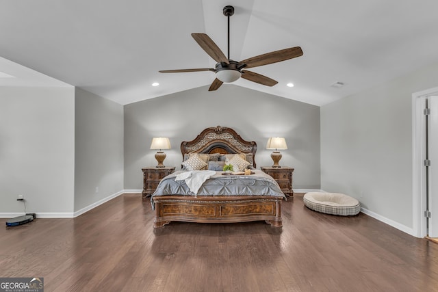 bedroom with lofted ceiling, recessed lighting, baseboards, and wood finished floors