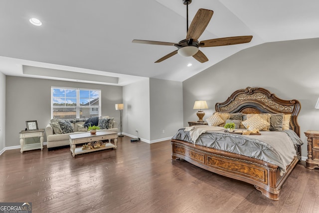 bedroom featuring lofted ceiling, recessed lighting, wood finished floors, and baseboards