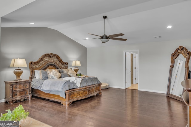 bedroom featuring lofted ceiling, recessed lighting, wood finished floors, a ceiling fan, and baseboards