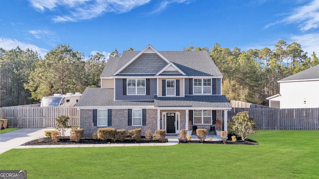 craftsman inspired home featuring a front yard, brick siding, fence, and roof with shingles