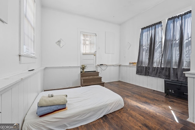 bedroom featuring wainscoting, multiple windows, and wood finished floors