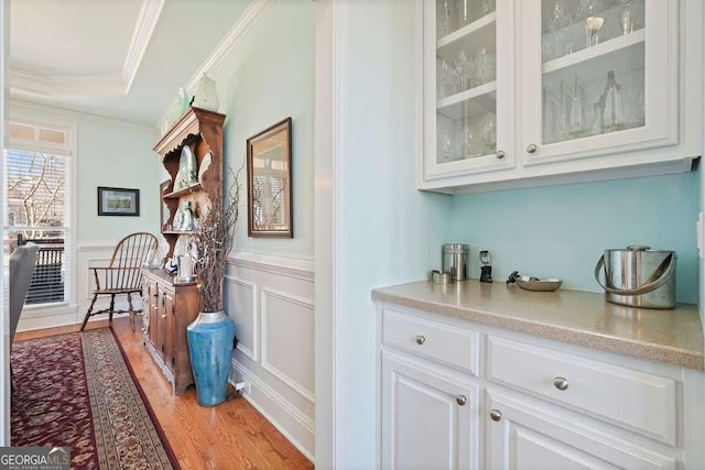 bar with a raised ceiling, wainscoting, crown molding, light wood-type flooring, and a decorative wall