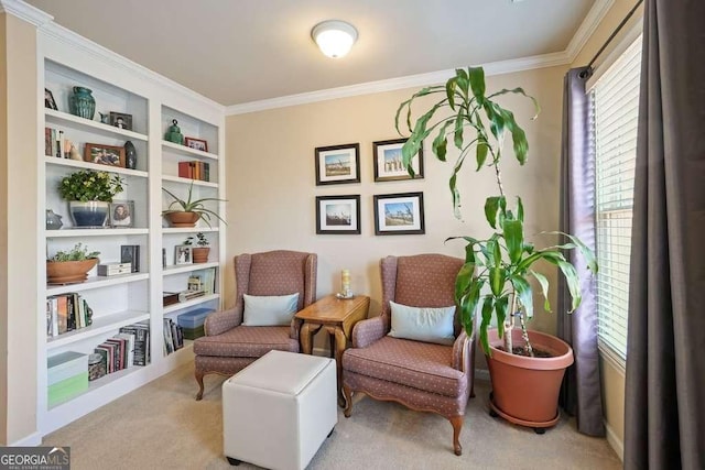 living area with carpet floors, built in features, and crown molding