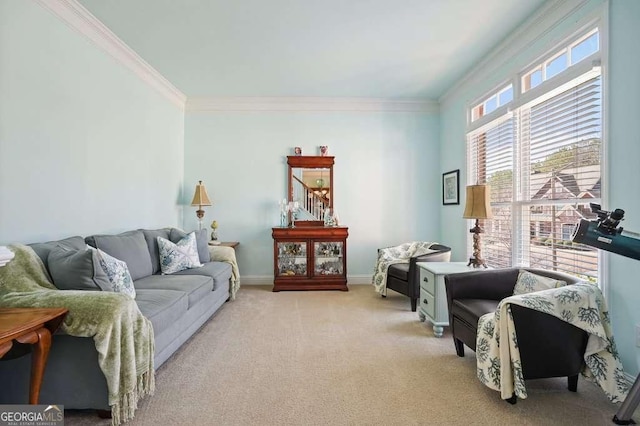 living area featuring baseboards, crown molding, and light colored carpet