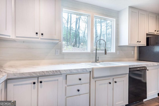 2859 Fortner Rd, Ball Ground, GA 30107 - kitchen with white cabinetry, tasteful backsplash, a sink, black dishwasher, and light stone countertops