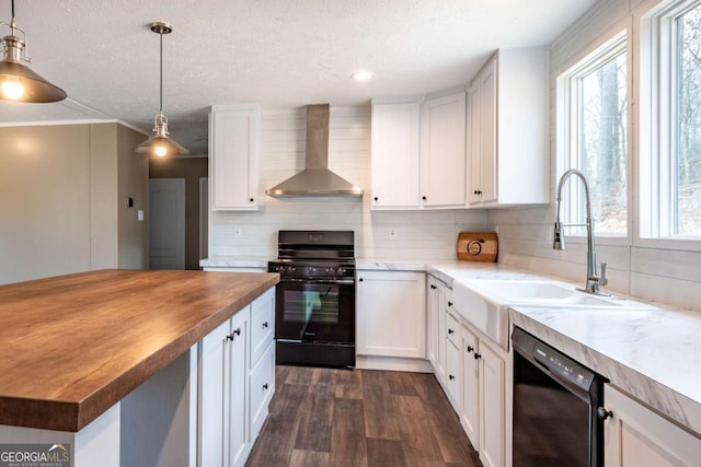 2859 Fortner Rd, Ball Ground, GA 30107 - kitchen with black appliances, wall chimney range hood, wooden counters, plenty of natural light, and a textured ceiling