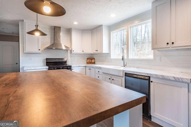 2859 Fortner Rd, Ball Ground, GA 30107 - kitchen featuring wall chimney range hood, black range, dishwashing machine, a sink, and a textured ceiling
