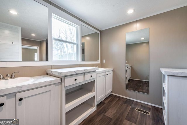 2859 Fortner Rd, Ball Ground, GA 30107 - bathroom with wood finished floors, two vanities, recessed lighting, and baseboards