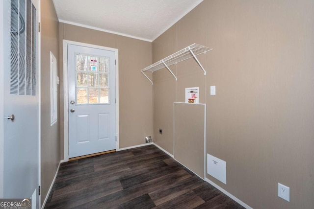 2859 Fortner Rd, Ball Ground, GA 30107 - laundry area featuring hookup for an electric dryer, dark wood finished floors, baseboards, and crown molding