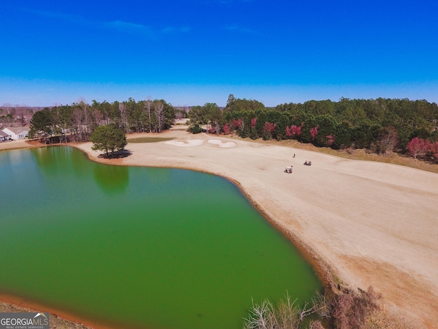 birds eye view of property featuring a water view and a view of trees
