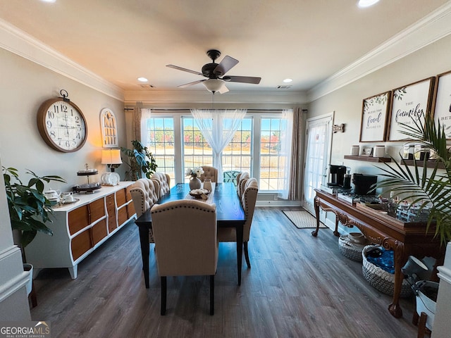 dining space featuring ornamental molding, recessed lighting, dark wood finished floors, and a ceiling fan