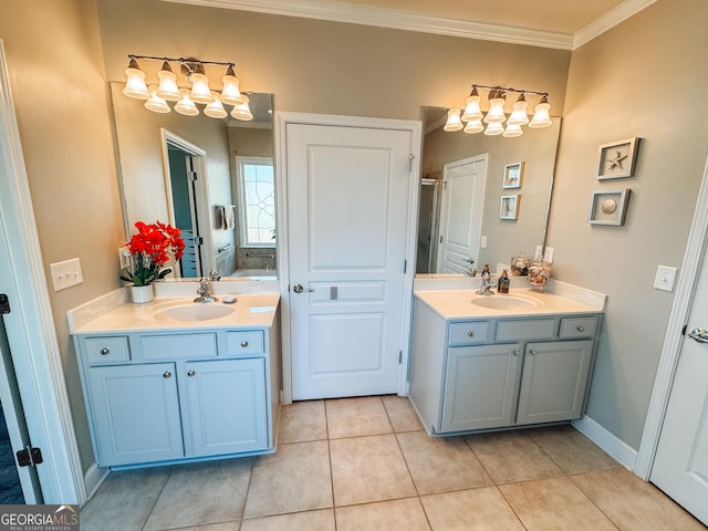 full bath featuring two vanities, tile patterned flooring, a sink, and crown molding