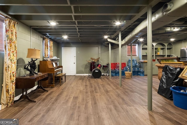 finished basement featuring wood finished floors