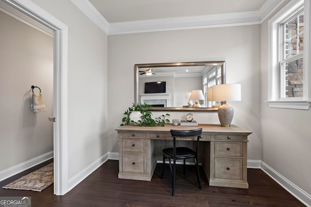 office space featuring ornamental molding, dark wood finished floors, baseboards, and ceiling fan