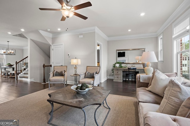 living room featuring baseboards, wood finished floors, stairs, crown molding, and recessed lighting