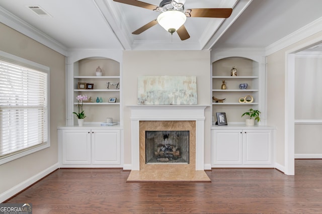 2275 W Village Ln SE, Smyrna, GA 30080 - unfurnished living room featuring visible vents, built in features, a high end fireplace, and dark wood-type flooring