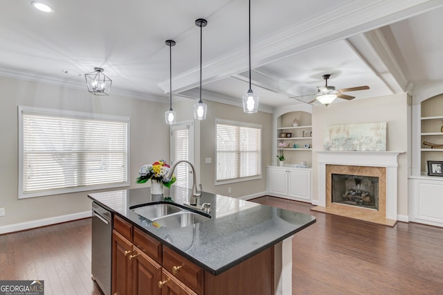 2275 W Village Ln SE, Smyrna, GA 30080 - kitchen with ceiling fan, dark wood-style flooring, dishwasher, a sink, and dark stone countertops