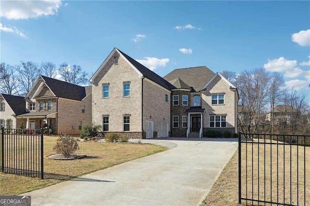 view of front facade featuring driveway, a front lawn, an attached garage, and fence