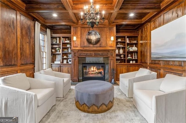 sitting room with built in shelves, wood ceiling, coffered ceiling, and wood walls