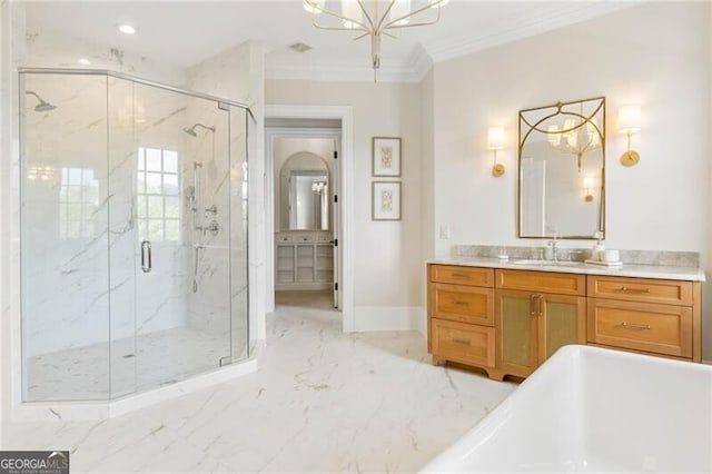 full bathroom with marble finish floor, ornamental molding, a marble finish shower, and vanity