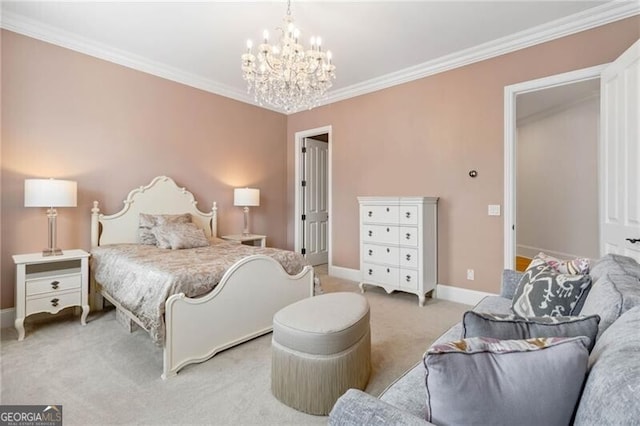 bedroom with crown molding, baseboards, a chandelier, and light colored carpet