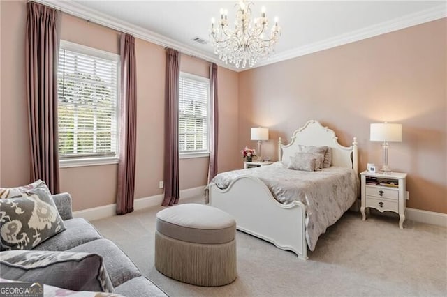 bedroom featuring a chandelier, light carpet, visible vents, baseboards, and ornamental molding